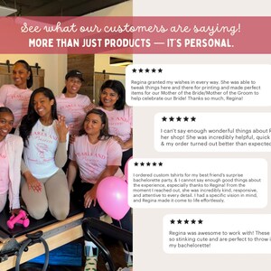 May include: A group of women wearing pink t-shirts with the text "Pearls and Flowers" posing for a photo. The image includes customer testimonials and the text "See what our customers are saying! MORE THAN JUST PRODUCTS - IT'S PERSONAL."