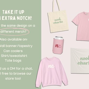 May include: A promotional image showcasing various merchandise items. Includes a pink t-shirt, sweatshirt, can cooler, tote bag, and wall banner, all featuring the "nc" or "nook charlie" logo. The text encourages customers to explore different merch.