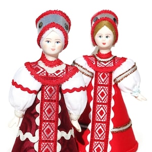 Russian Style Sarafan Dress Porcelain Doll, Princess Red Dress Souvenir Doll in Vintage Inspired Dress with Silver Headpiece Holiday Present