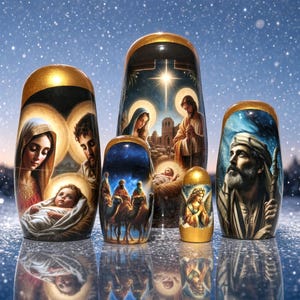 May include: A set of five nesting dolls featuring a Nativity scene. The largest doll depicts the Holy Family under a star. Other dolls show the Three Wise Men with camels, an angel, and a shepherd. Each doll has a gold-painted top.
