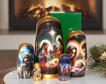 Russian Nesting Dolls Nativity Set - 5 Piece Stacking Christmas Eggs, Handmade Wood-1196476