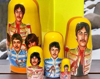 Beatles Yellow 5 PC Sgt. Pepper Nesting Dolls, 6 in. Russian Style Wooden Stacking Doll