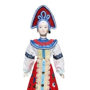 Costume Folk Dress Collectible Doll, Floral Ethnic Nationality Russian Style Doll, Porcelain Model Doll in Sarafan Dress with a Headpiece