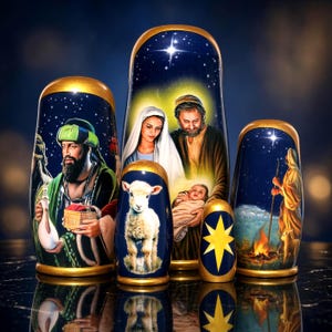 May include: A set of five wooden nesting dolls featuring a nativity scene. The largest doll depicts the Holy Family, while others show a wise man with a gift, a white lamb, a bright yellow star, and a shepherd by a campfire under a starry sky.