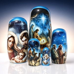 May include: A set of four blue nesting dolls featuring detailed religious illustrations. The largest doll depicts the Nativity scene, while others show the Holy Family, the Three Wise Men, and an angel against a starry night sky background.