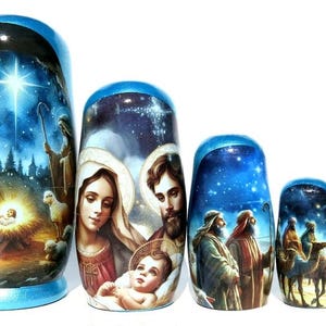 Handmade Nativity 5 Piece Nesting Dolls Gift Set with Metallic Blue Glossy Gift Box