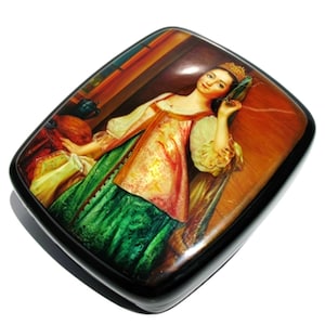 Agasha Fedoskino Women Portrait Lacquer Keepsake Box, Russian Style Miniature Art Jewelry Box, Hand Painted Artisan Wooden Keepsake Box
