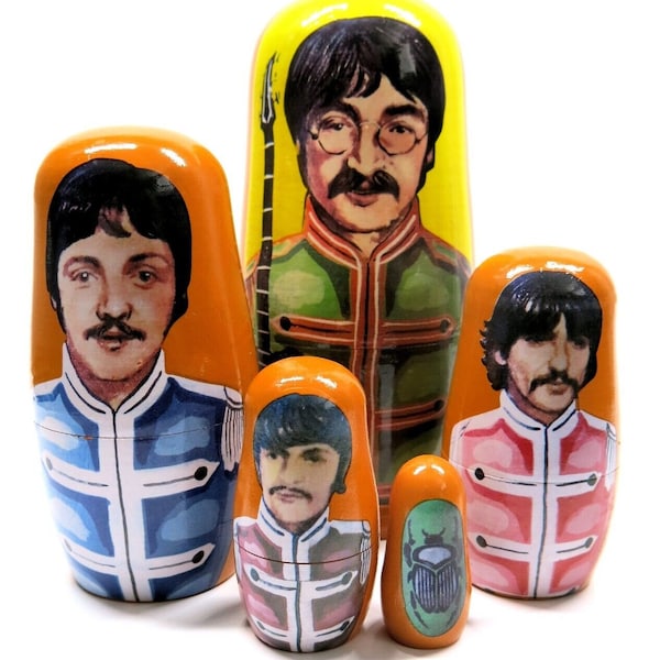 Beatles 5 PC Stacking Doll, Sgt. Pepper's Portrait Nesting Doll, Collectible Wooden Stacking Egg Memorabilia Doll, Russian Nesting Doll Set