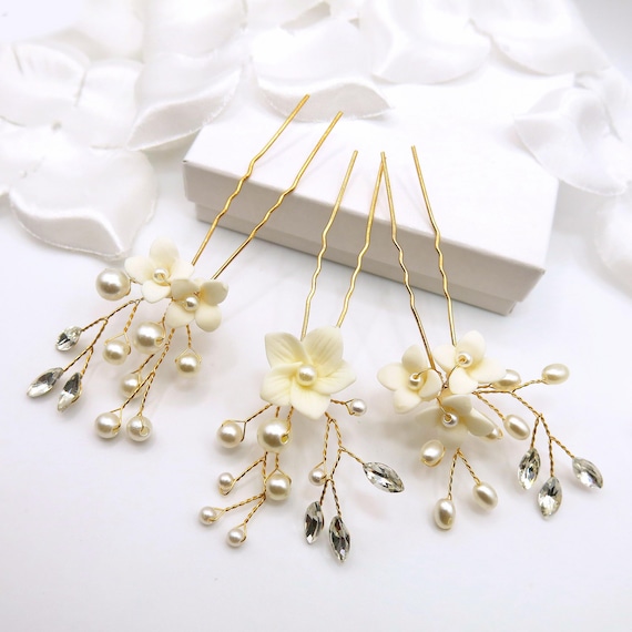 White Lilies 3 PC Porcelain Flower Hairpin Set, Dainty  display picture 1