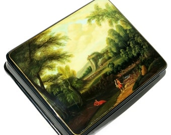 Shepherds Fedoskino Summer Landscape Lacquer Keepsake Box, Russian Style Miniature Art Jewelry Box, One-Of-A-Kind Artisan Wood Keepsake Box