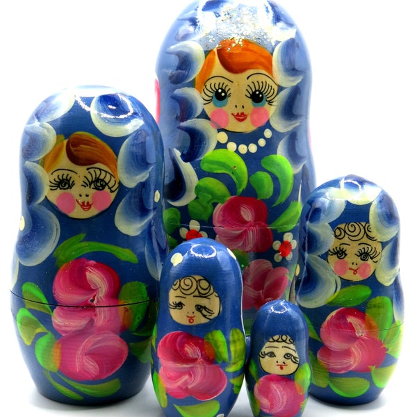 Gloria Red Flower 5 PC Russian Nesting Doll, Hand Painted Floral Stacking Toy, Holiday Present Russian Doll, Nested Doll Christmas Gift