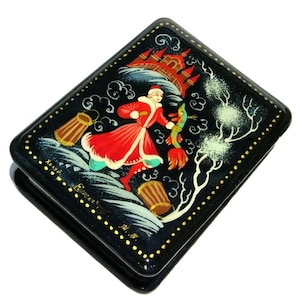 Medium Size Hand Painted Lacquer Keepsake Box, Russian Style Palekh Miniature Art Jewelry Box, Folk Tale Artisan Keepsake Box