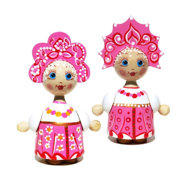 2 PC Pink Wooden Costume Doll, Russian Style Hand Painted Wood Doll, Snow Princess Hand Carved Souvenir Doll, Pink Sarafan Dress, Set of 2