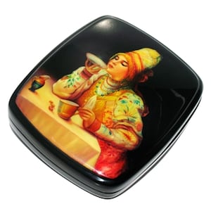 Cup Of Tea Fedoskino Women Portrait Lacquer Keepsake Box, Russian Style Miniature Art Jewelry Box, One-Of-A-Kind Artisan Wooden Keepsake Box
