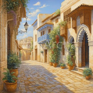 May include: An artistic rendering of a sunlit alleyway in a Mediterranean town. Buildings with ornate wooden balconies and arched doorways line the cobblestone street. Potted plants and climbing vines add greenery, with a blue sky overhead.