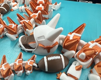18” Articulated Football Dragon – Custom College Team Colors | 3D Printed Flexible Dragon with Football Tail | Sports Fan Gift
