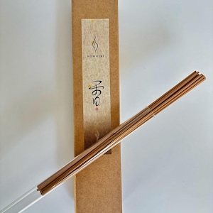 May include: A rectangular brown box with the word "NOWHERE" and Japanese text on a cream-colored label. A bundle of incense sticks is in a clear plastic tube, angled across the image.