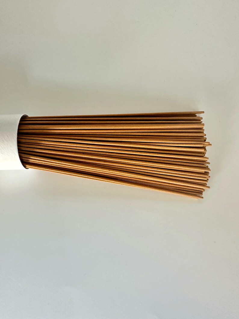 May include: A bundle of brown incense sticks emerging from a white cylindrical container. The incense sticks are straight and parallel, creating a textured, linear pattern. The background is a plain white surface.