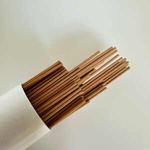 May include: A bundle of brown incense sticks emerges from a white cylindrical container. The incense sticks are a light brown color and appear to be made of wood. The background is a plain white surface.