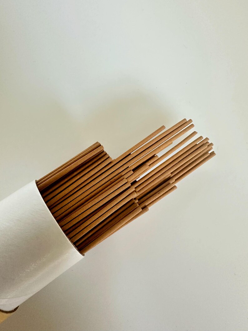 May include: A bundle of brown incense sticks emerges from a white cylindrical container. The incense sticks are a light brown color and appear to be made of wood. The background is a plain white surface.
