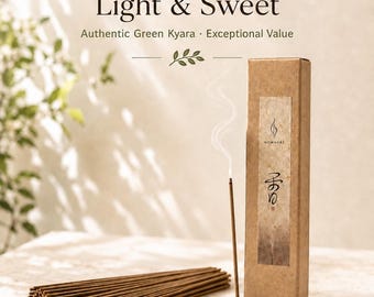 May include: A brown rectangular box of Daily Green Kyara Agarwood Incense labeled Light & Sweet, with a bundle of thin incense sticks, one burning stick in a round stone holder, and text icons for 100% Natural, No Bamboo Core, Light & Sweet Aroma, and Outstanding Value.