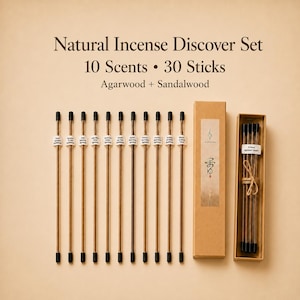 Natural Incense Discover Set | 10 Scents / 30 Sticks, Agarwood & Sandalwood | Meditation Gift