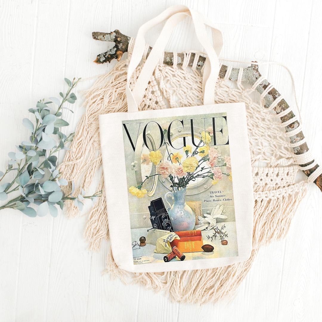 Sac à Main VOGUE Vintage En Tissu Et Simili Cuir Marron - Grand Modèle, Occasion En Bon état