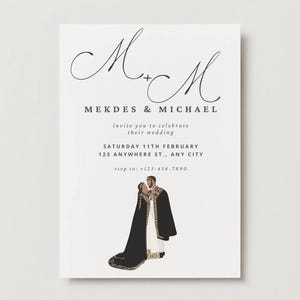 Peut inclure: Faire-part de mariage avec les noms "Mekdes & Michael" en écriture élégante. L'invitation comprend la date, le lieu et les coordonnées RSVP. Une illustration stylisée d'un couple en tenue de cérémonie est en bas.