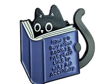 Reading Cat Enamel Pin, Book Badge