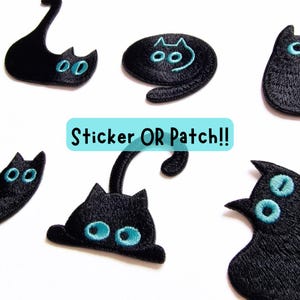 May include: Black cat patches and stickers with teal eyes are displayed on a white background. The patches and stickers are in various poses, including a cat lying down, a cat with its tail up, and a cat with its head up. The text "Sticker OR Patch!!" is in a blue rectangle.
