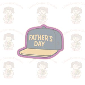 May include: A Father's Day graphic featuring a baseball cap design. The cap is grey with a yellow peak, and the words "FATHER'S DAY" are in yellow. The cap is outlined in purple. The background has a repeating pattern of a girl holding a sunflower.