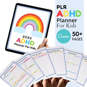 May include: A digital planner for kids with ADHD, featuring a rainbow and cloud design. The planner includes sections for daily planning, homework, savings tracking, and vision boards. The text on the planner reads "2025 ADHD Planner For Kids" and "50+ PAGES".