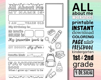 May include: Black and white printable "All About Me" worksheet for preschool and elementary school students. Includes fill-in sections for name, age, favorites, and hobbies, plus illustrations of school supplies. The text "INSTANT download" is visible.