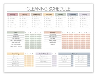 Puede incluir: Una lista de verificación de planificación de limpieza imprimible con tareas de limpieza diarias, semanales, mensuales, trimestrales, semestrales y anuales. La lista de verificación está organizada por día de la semana e incluye tareas como hacer las camas, aspirar, limpiar el fregadero de la cocina, desempolvar los muebles y lavar las cortinas.