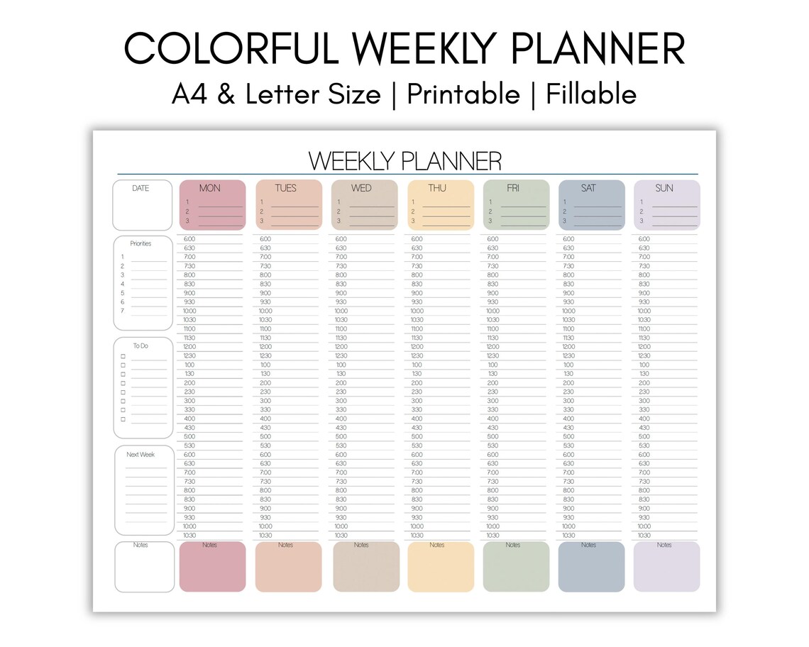 EDITABLE Weekly Hourly Planner, Weekly Schedule, Daily Planner, Undated ...