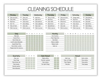 May include: A printable cleaning schedule checklist with a daily, weekly, monthly, quarterly, semi-annual, and annual cleaning tasks. The checklist is divided into sections with a grid for each day of the week and month of the year.