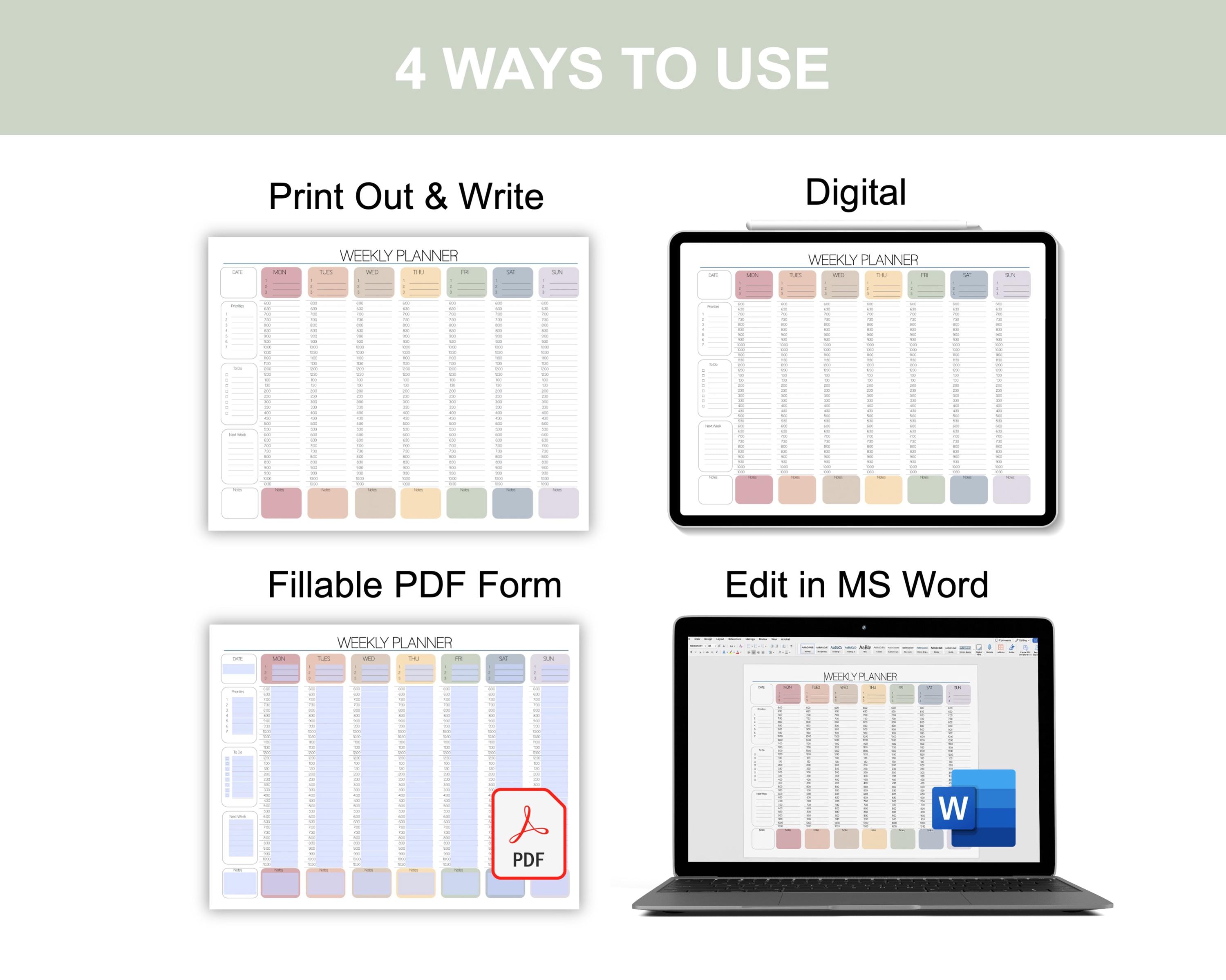 EDITABLE Weekly Hourly Planner, Weekly Schedule, Daily Planner, Undated ...