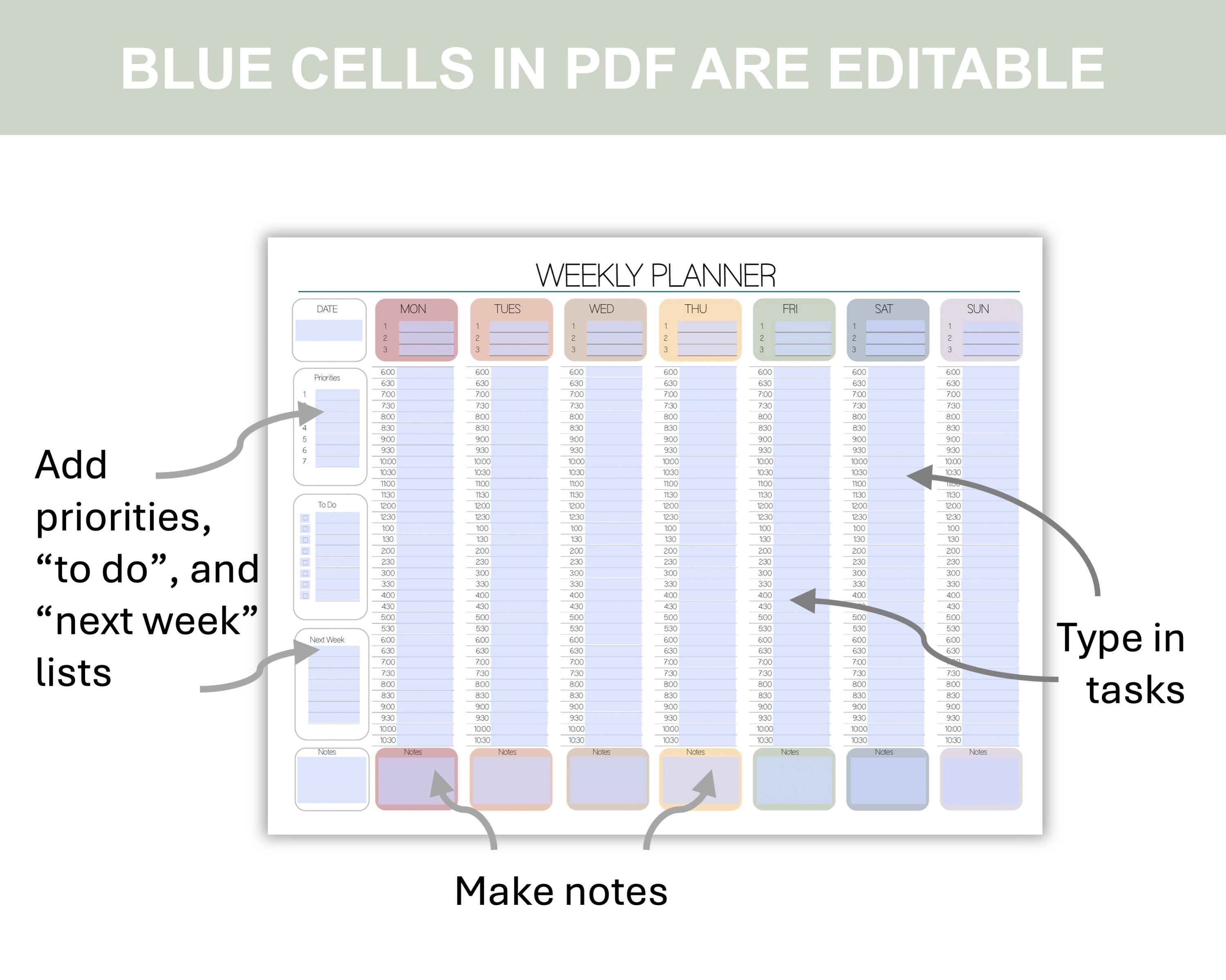 EDITABLE Weekly Hourly Planner, Weekly Schedule, Daily Planner, Undated ...
