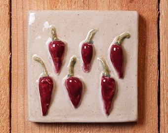 4x4 handmade high relief ceramic chili peppers tiles with hanger on back or for tile installation