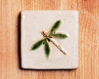 3x3" handmade ceramic damselfly tile with hanger on back or for tile installation