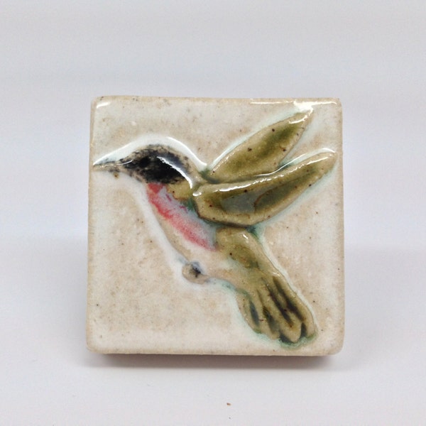 Hummingbird ceramic tile, 2x2 handmade with hanger on back