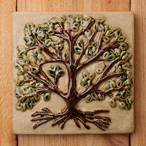 Handmade 6x6 tree ceramic tile comes with a hanger on the back or without for tile installation