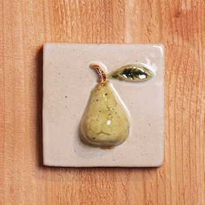 Handmade ceramic pear tile, high relief 3x3 with hanger on the back
