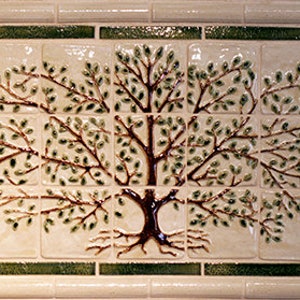 Large tree tile mural with border tiles for installation 16.5" high x 33" wide