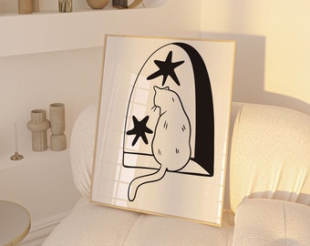 Schwarze Katze Kunstdruck: Sternfenster, Geschenk für Katzenliebhaber (Digitaler Download)