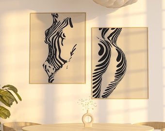 Set of 2 Female Figure Prints, Beige Black Wall Art, Woman Body Art, Neutral Colors, Mid Century Modern, Abstract Downloadable Print