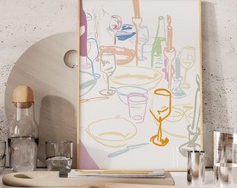 Dinner Party Art Print, Printable Art, Kitchen Art, Trendy Home Decor,Retro Dinner Table Print, Food and Drinks Poster, Bar Cart Art Print