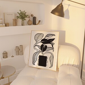 Abstrakte Blumen druckbare Wandkunst, schwarzer und weißer Blumendruck, dunkle Boho-Wanddekoration, launische Schlafzimmer-Wanddekoration, abstrakter druckbarer digitaler Download