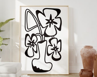 Abstracte bloemenillustratie: zwart-witte botanische kunst (digitale download)