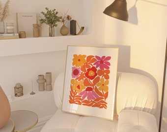 Pink and Orange Abstract Printable Wall Art, Floral Dorm Room Wall Decor, Abstract Botanical Print, Boho Flowers Poster,Moody Botanical Art